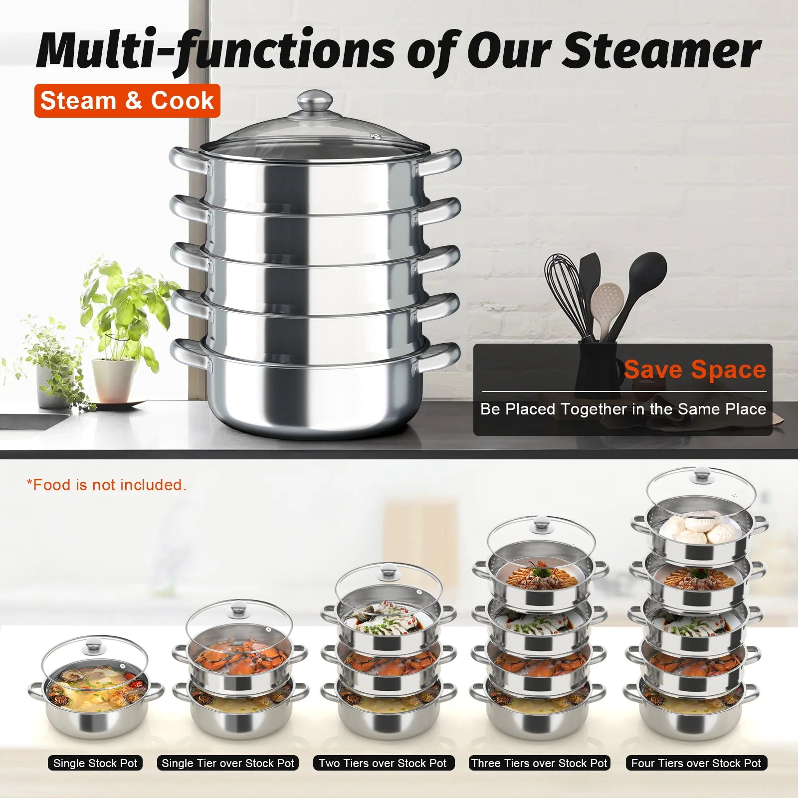 5-Layer Steamer 26cm/28cm/30cm Steam Cooker 304 Food-Grade Stainless Steel 4 Steaming Grids and 1 Cooking Pot W/ Glass Lid