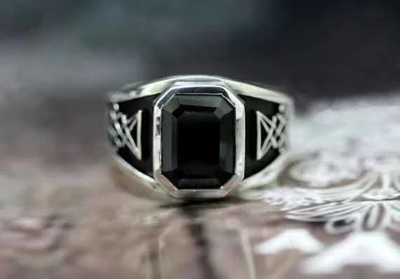 Vintage Gothic Lucifer Seal of Satan Signet Rings Punk Stainless Steel Seal Rings With Black Stone Pagan Jewelry Party Man Gift