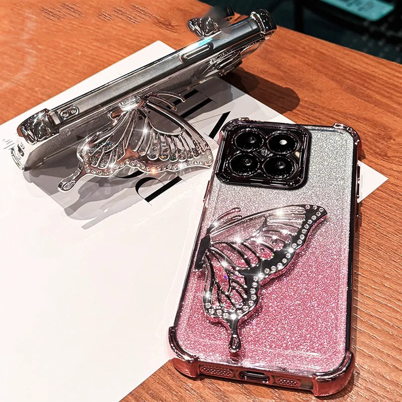 Shockproof Plating Glitter Butterfly Bracket Bracelet Case for Xiaomi 17 Pro Max Xiaomi17 13T 14T 15T Pro 15 Ultra Stand Cover