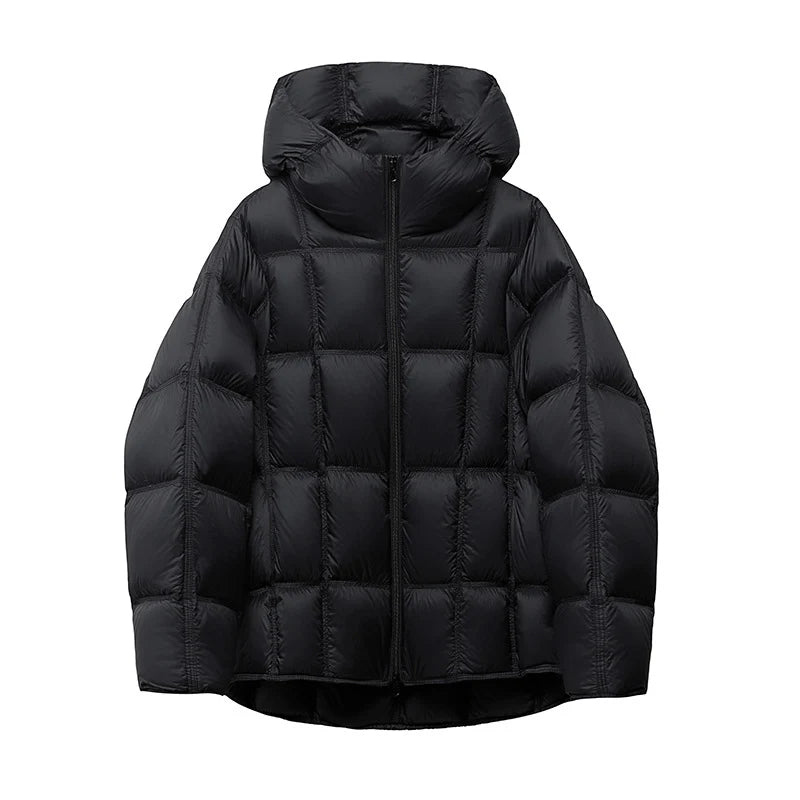 Schinteon Women Light White Down Jacket with Hood Loose Over Size Casual Autumn Winter Outwear Square Warm Short Coat 2026 New