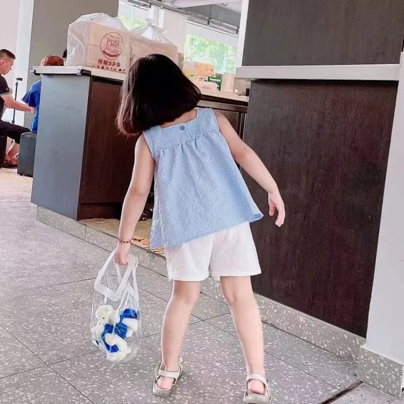 Girls Clothes Sets Summer Kids Casual Clothing for Girls Checked Straps+White Shorts Children's Baby Girl Outfit