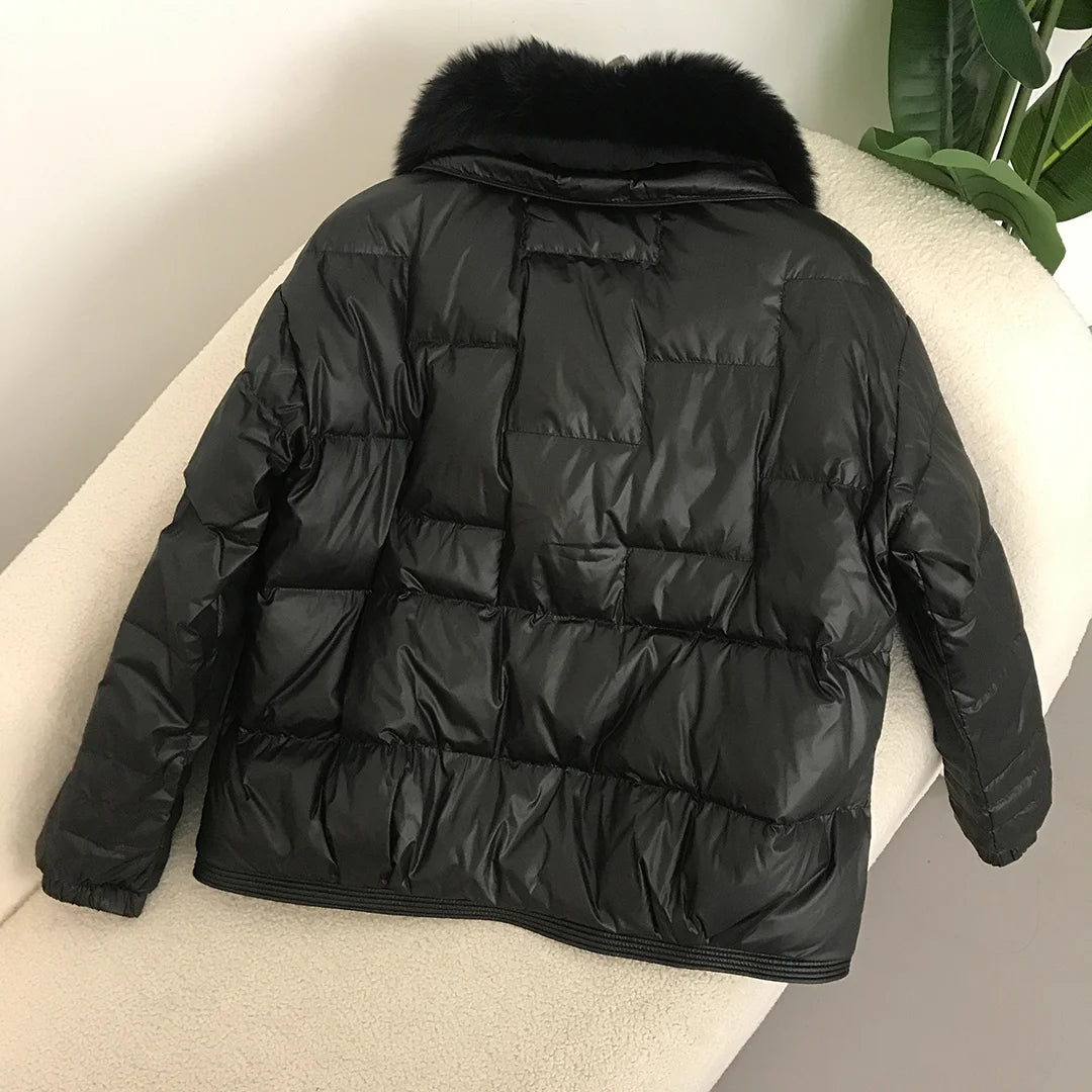 Real Fox Mink Fur Collar Coat Winter Women White Duck Down Jacket Ladies Short Warm Puffer Female Loose Vintage Parka Outerwear
