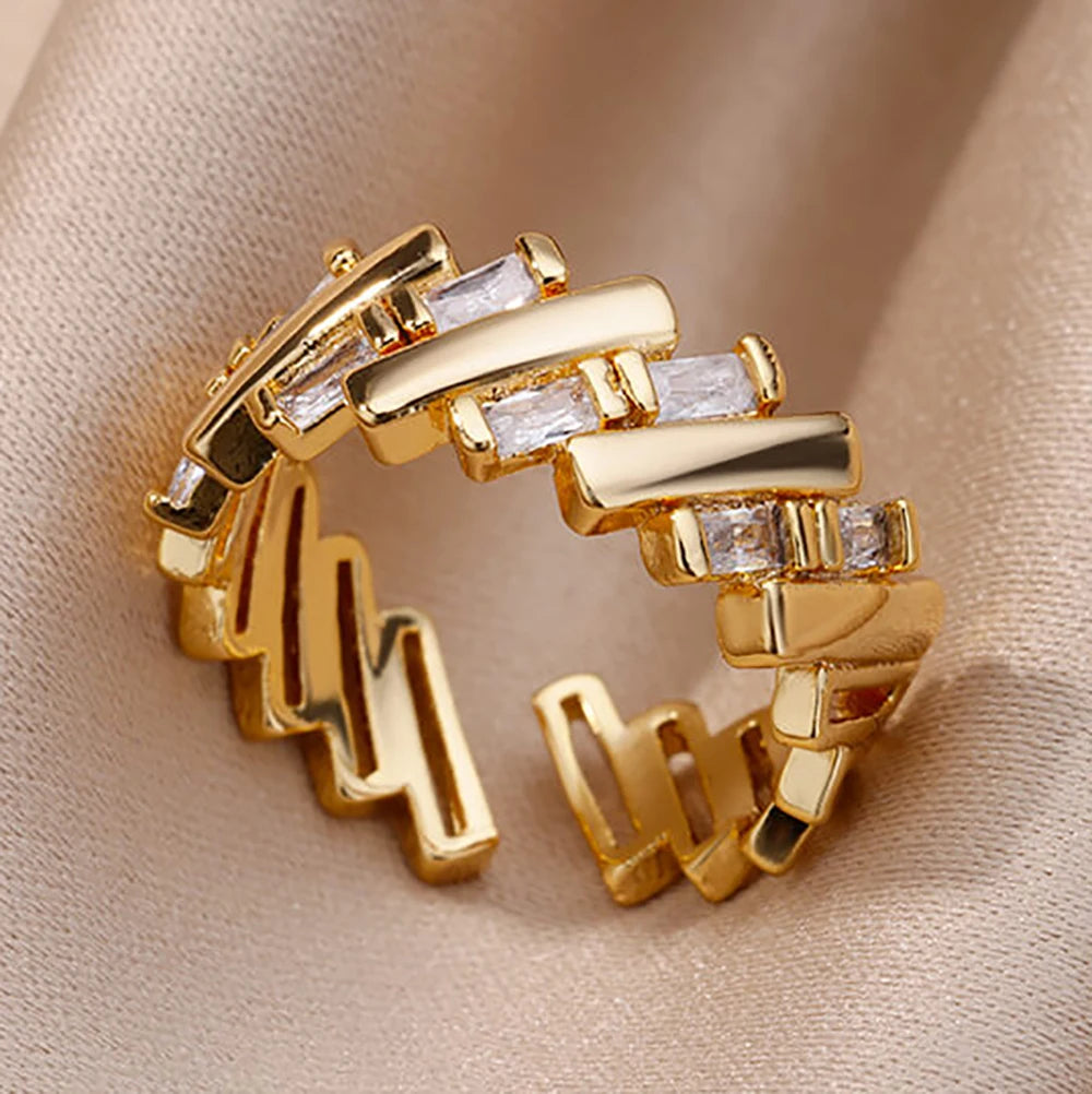 Fashion Chain Hollow Out Rings For Women Gold Color Stainless Steel Zircon Cross Open Ring Trendy Wedding Aesthetic Jewerly Gift