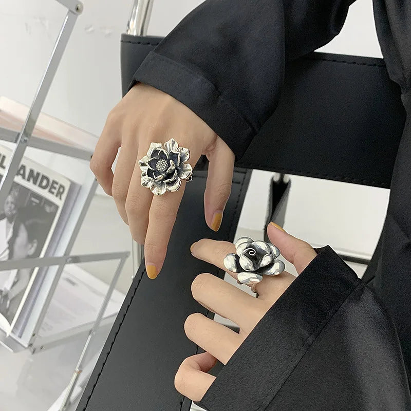 925 Sterling Silver Metal Flower Shell Geometric Rings For Women French Retro Romantic Open Thai