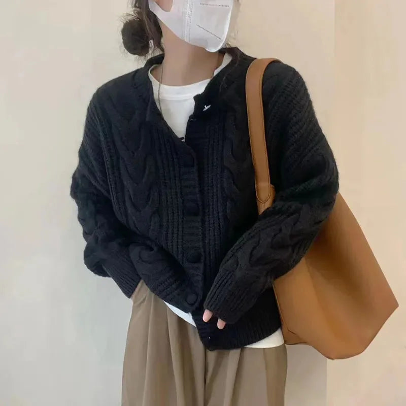 Autumn Twist Knitted Cardigan Womem Winter Thicken Warm O Neck Sweater Jacket Female Solid Button Up Long Sleeve Crop Knitwear