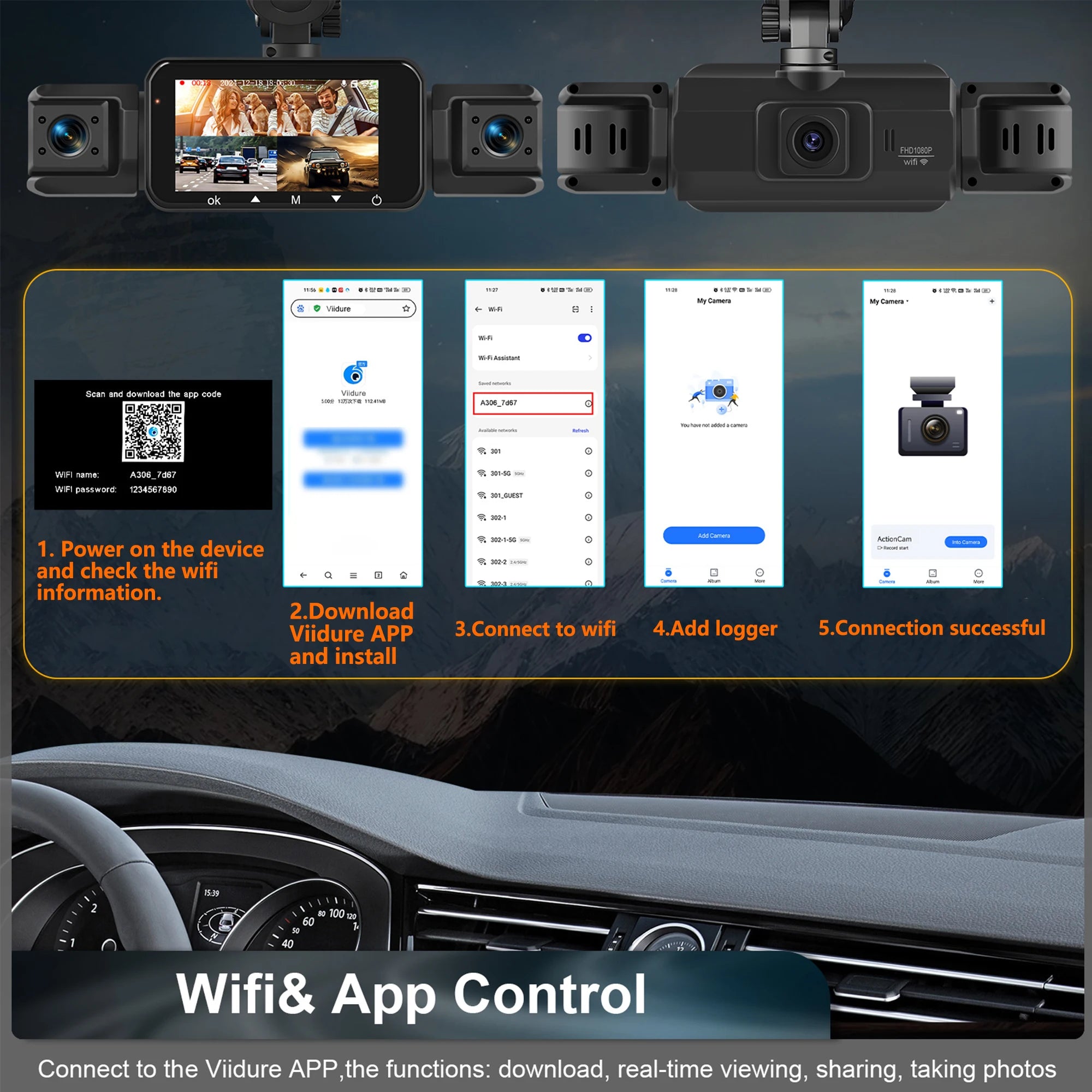 Dashcam for Cars 4 Channel Black Box WiFi Driving Camera FHD 1080P Night Vision Loop Recording Add Hardwire Kit Car Accessories