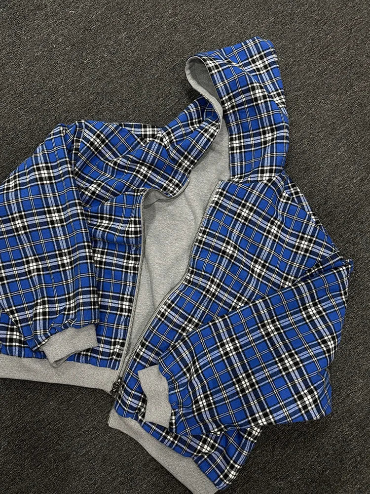 Winter Casual Plaid Print Hoodie Women's Warm Zip-Up Double-Sided Wear Sweatshirt Female Fashion Trendy Loose Hooded