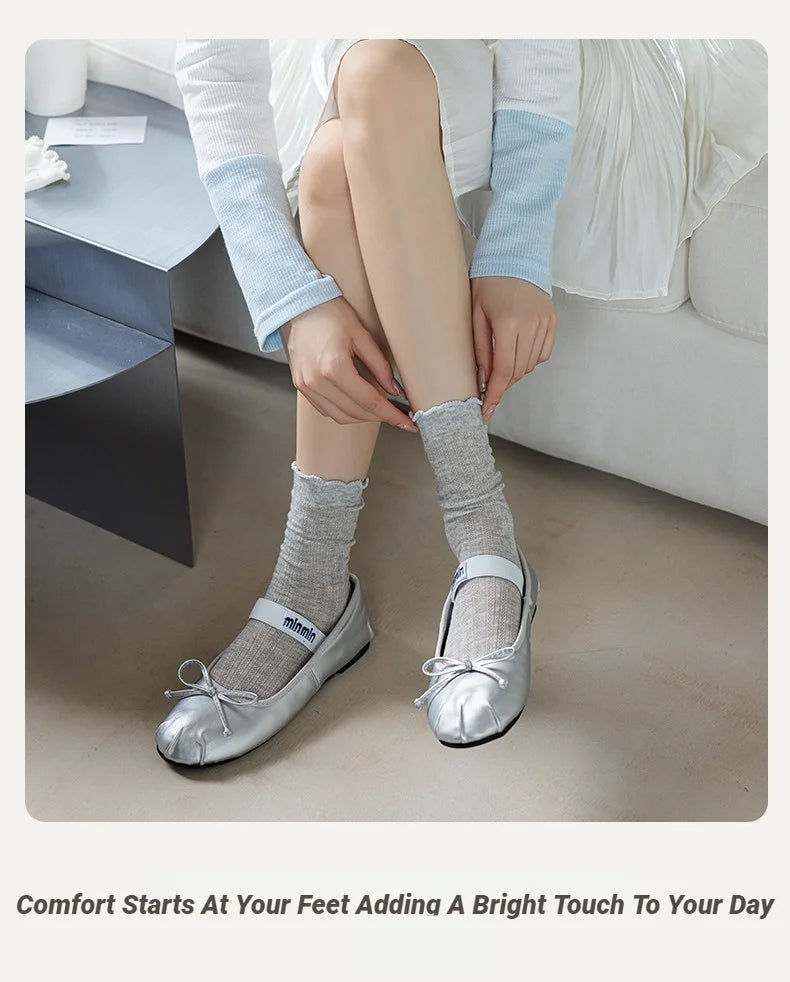 Women Solid Color Mesh Mid Tube Socks Spring Summer Thin Lightweight Breathable Wavy Edge Ballet Style Casual Hollo