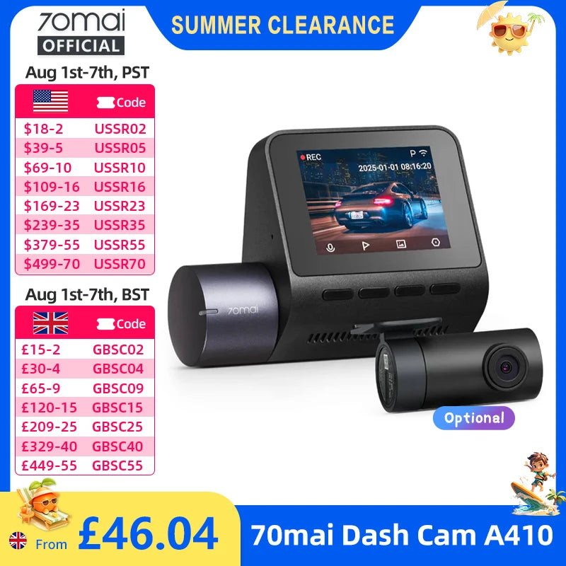 70mai Dash Cam A410 2.5K+1080P Dual-Channel Recording Built-in GPS 24H Parking Surveillance Car DVR 70mai A410