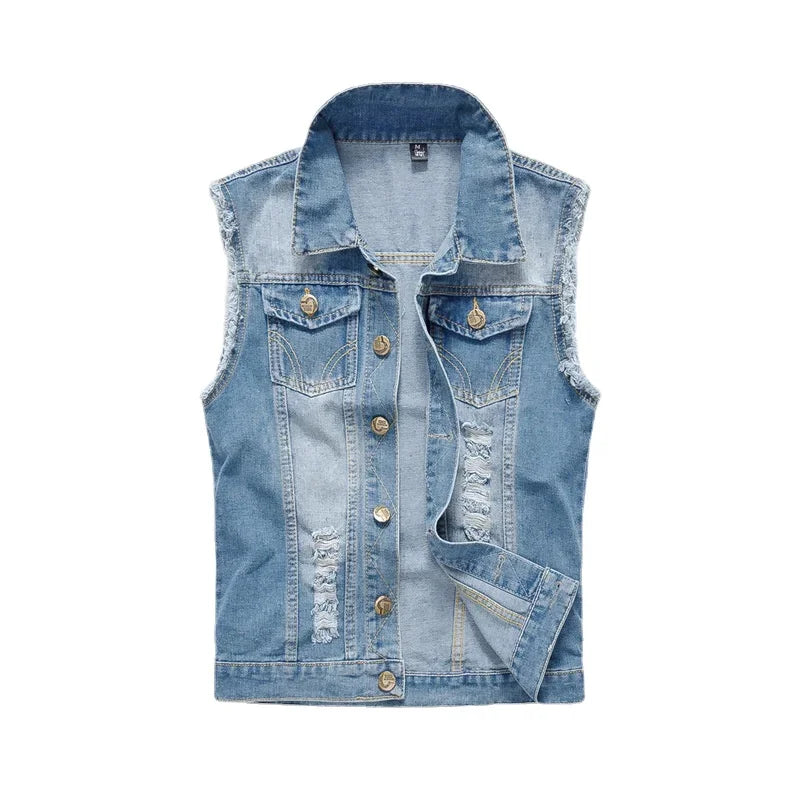 Men Denim Vests Jackets Waistcoats Light Blue Ripped Denim Coats Vests New Fashion Male Cotton Slim Black Jeans Waistcoats 6XL