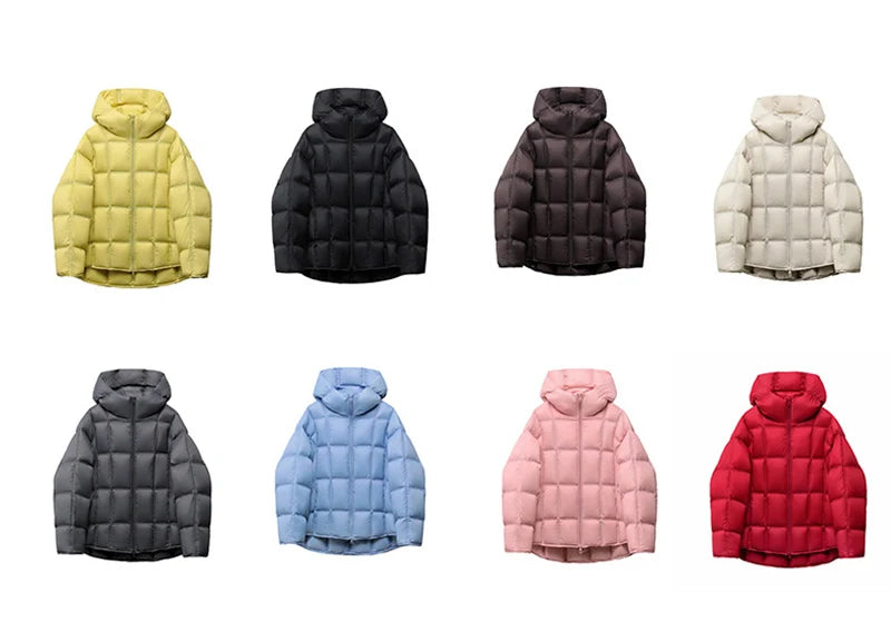 Schinteon Women Light White Down Jacket with Hood Loose Over Size Casual Autumn Winter Outwear Square Warm Short Coat 2026 New