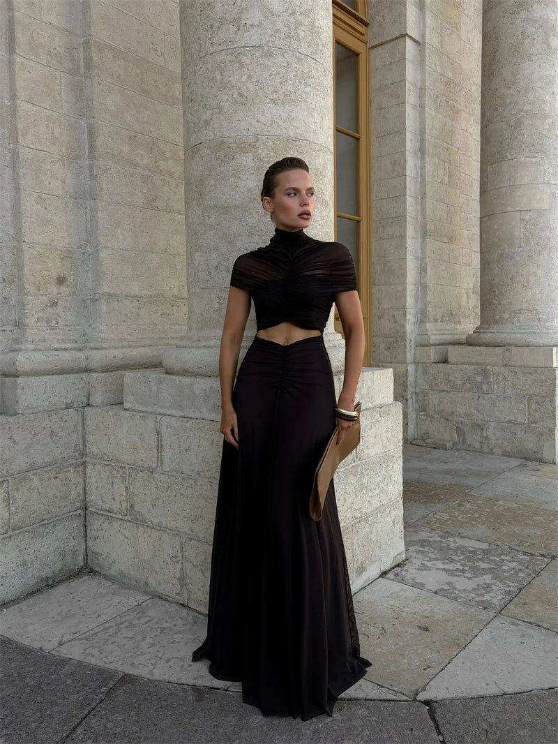 Mozision Hollow Out Short Sleeve Sexy Maxi Dress Women Fashion O Neck Ruched High Waist Bodycon Club Party Long Dress Female