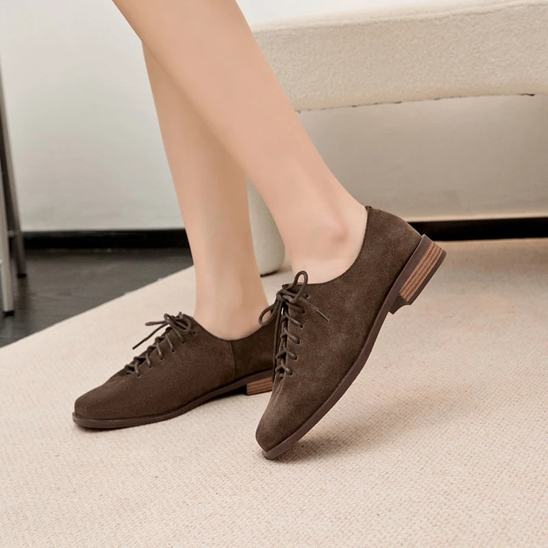 Women Loafer Lace-up 2025 New Spring Shoes Women Suede Genuine Leather Women Oxford Shoes Large Size British Style Women Shoes