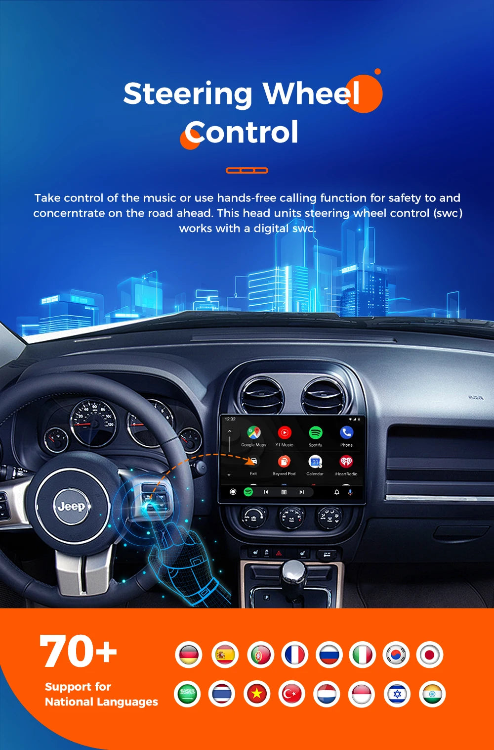 12.3" Android 14 CarPlay Auto Car Radio For Jeep Wrangler 2018-2022 Touch Screen Multimedia Stereo Player GPS Navi dsp Head Unit