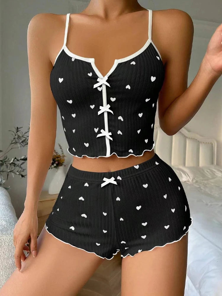 Sexy Sleepwear Women Pajamas Set Heart Print Silk Stain V-Neck Sleeveless Casual Cami Top and Shorts Sets Home Suit Loungewear