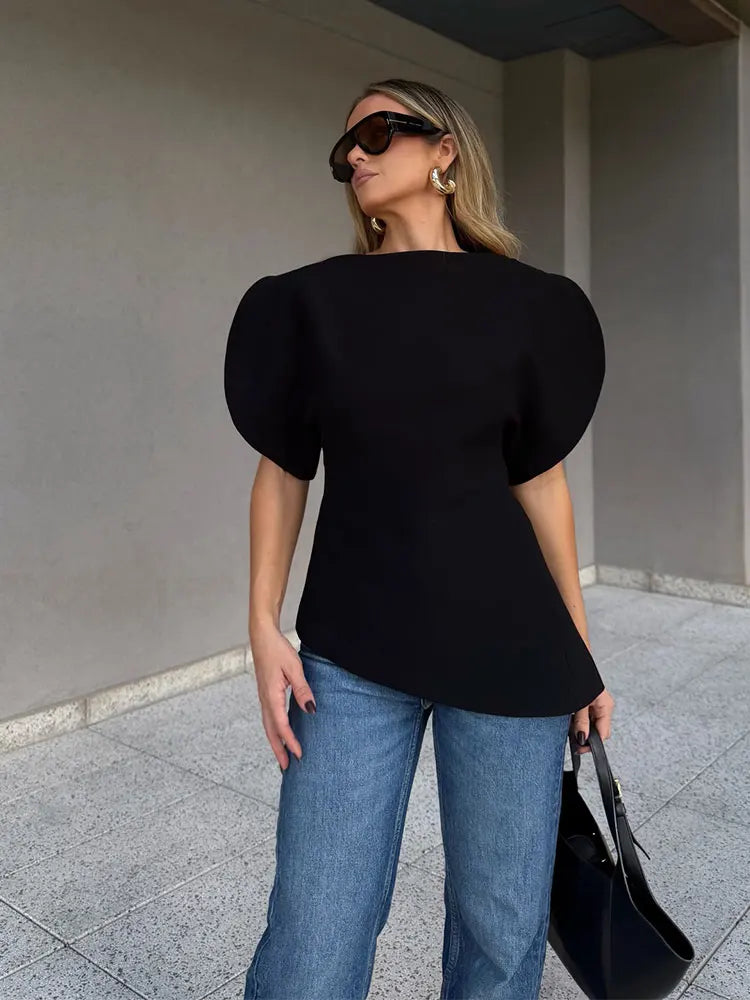 HH Women Elegant Solid Puff Sleeve Blouse Asymmetrical Hem O Neck T-Shirts 2026 Spring Fashion Female Streetwear Y2K Tops