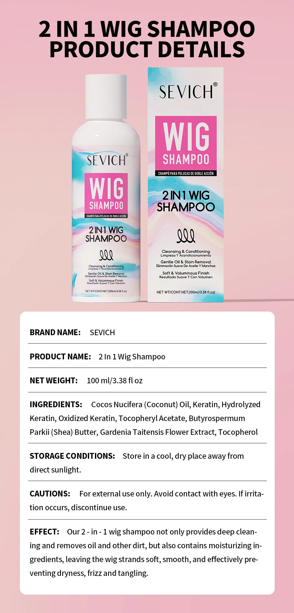 SEVICH 2-IN-1 Wig Shampoo 100ml Human and Synthetic Wig Deep Cleansing Moisturizing Shine 2 in 1 Shampoo Professional Wig Care