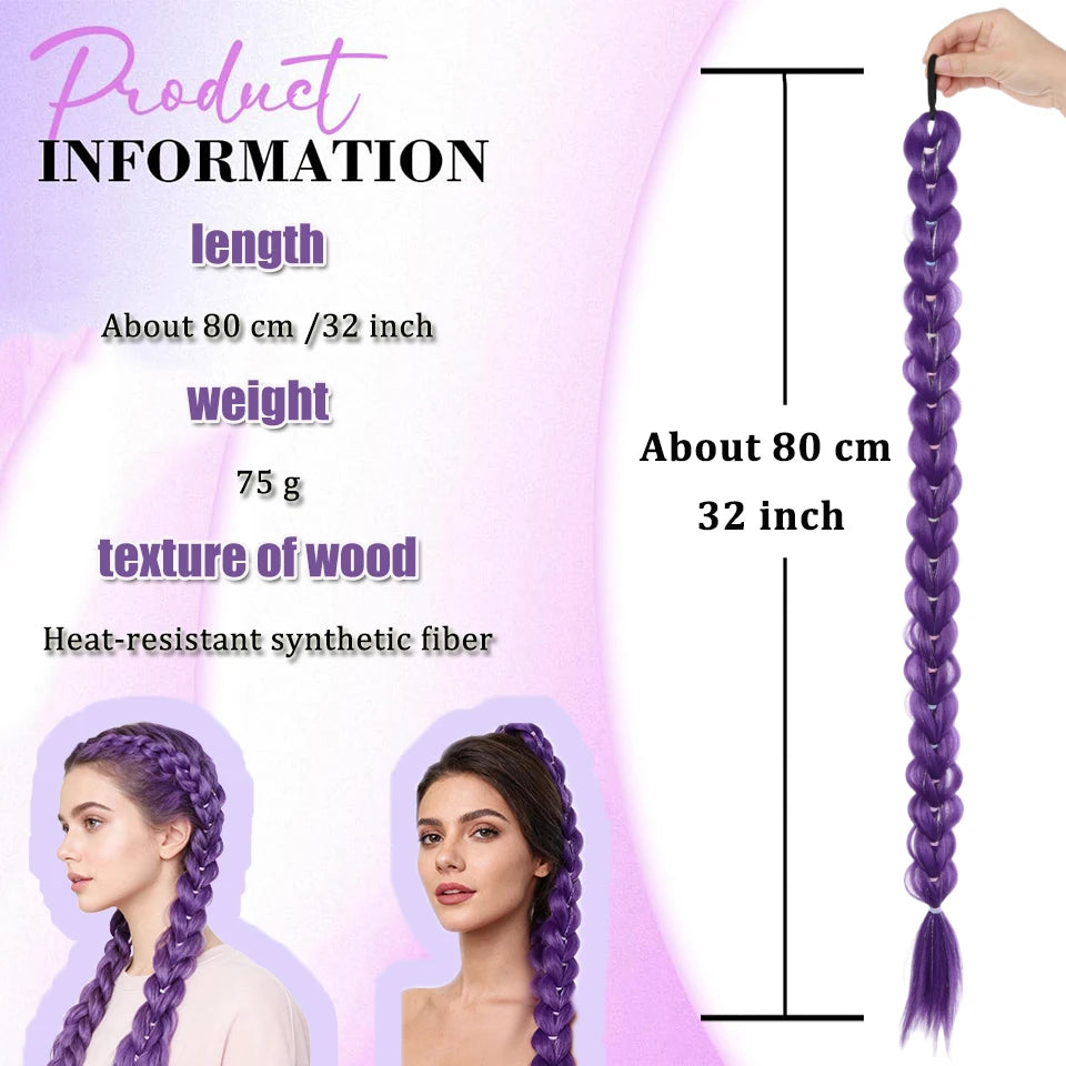 32inch Braided Purple Synthetic Ponytail with Tinsel Hair Wig Super Extensions Shiny Tinsel Hair for Kids Christmas Cosplay Hair