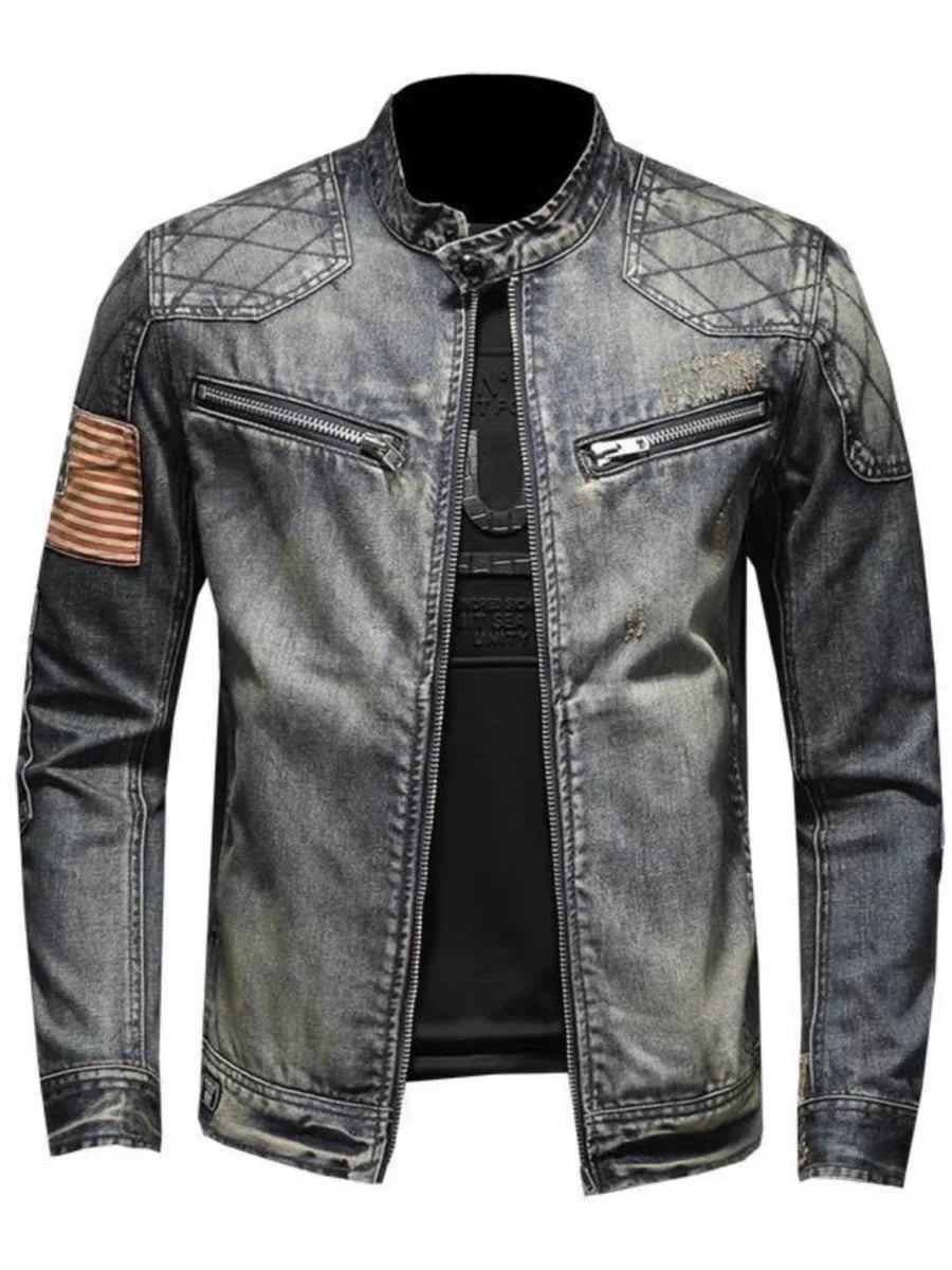 2024 new men's denim jacket trendy retro fashion casual stand-up collar zipper jacket handsome riding biker clothing denim tops