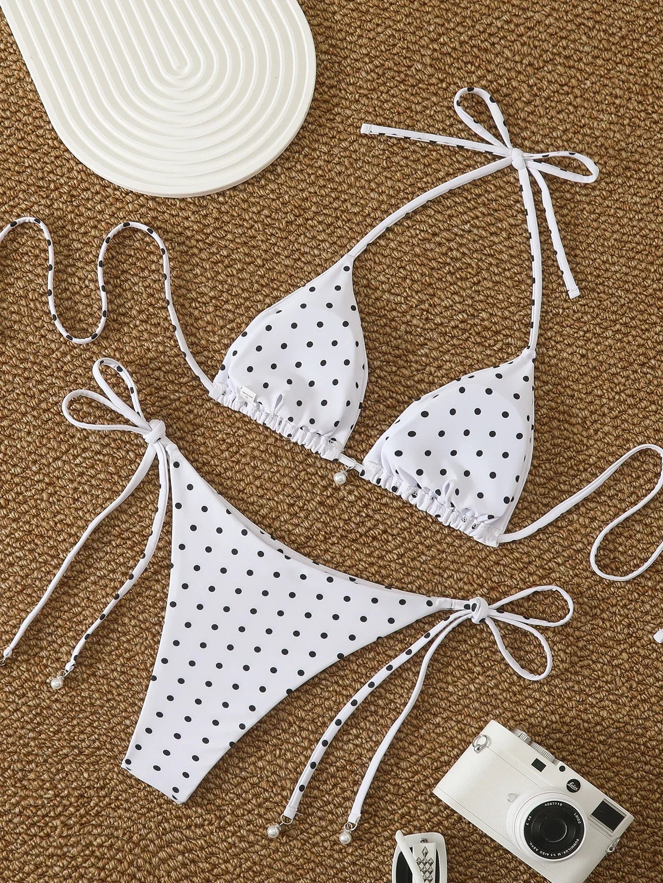 Women's Sexy Polka Dot Halter Bikini Set Lace-Up Low Waist Two-Piece Triangle Thong Swimwear Tie On Side Brazilian Biquinis