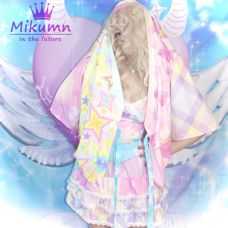 Harajuku Y2K White Blue Purple Lace Cake Skirt Womem Japanese Elastic Waist Pleated Skirt Ball Gown Kawaii Lolita Mini Skirt