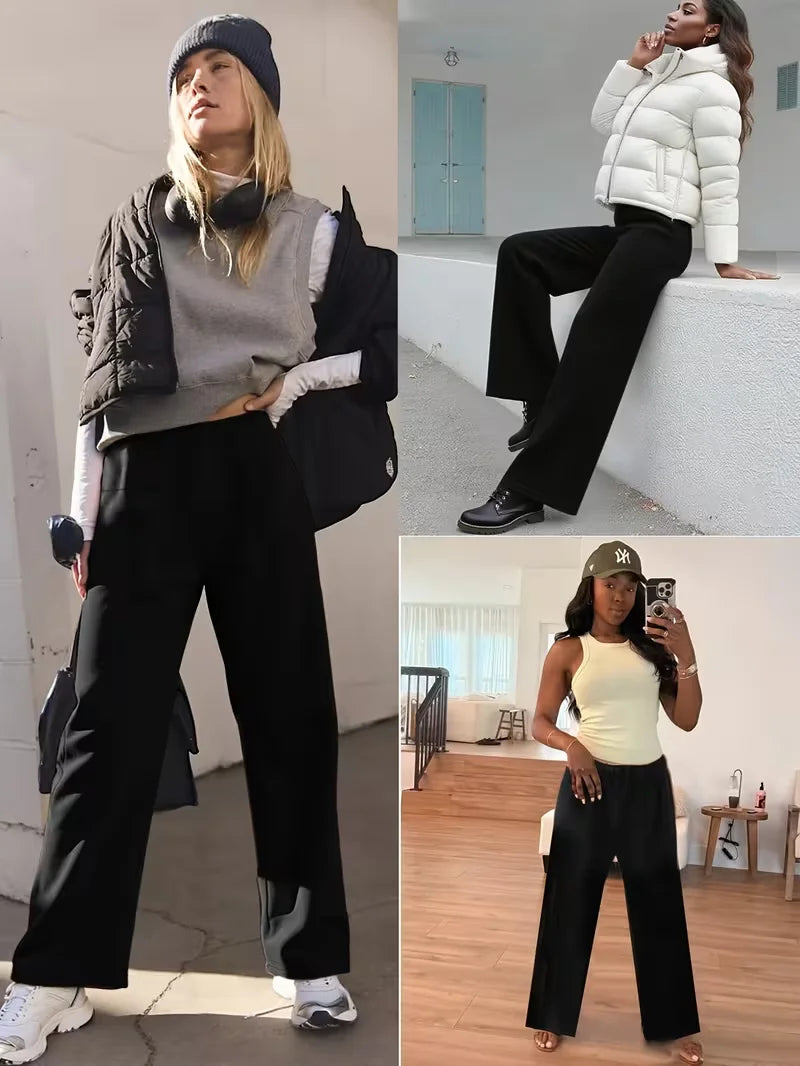 Warm Fleece Lined Wide Leg Pants Winter High Waist Warm Straight Leg Pants Women's Soft Apparel Casual Long Trouser Outdoor Wear