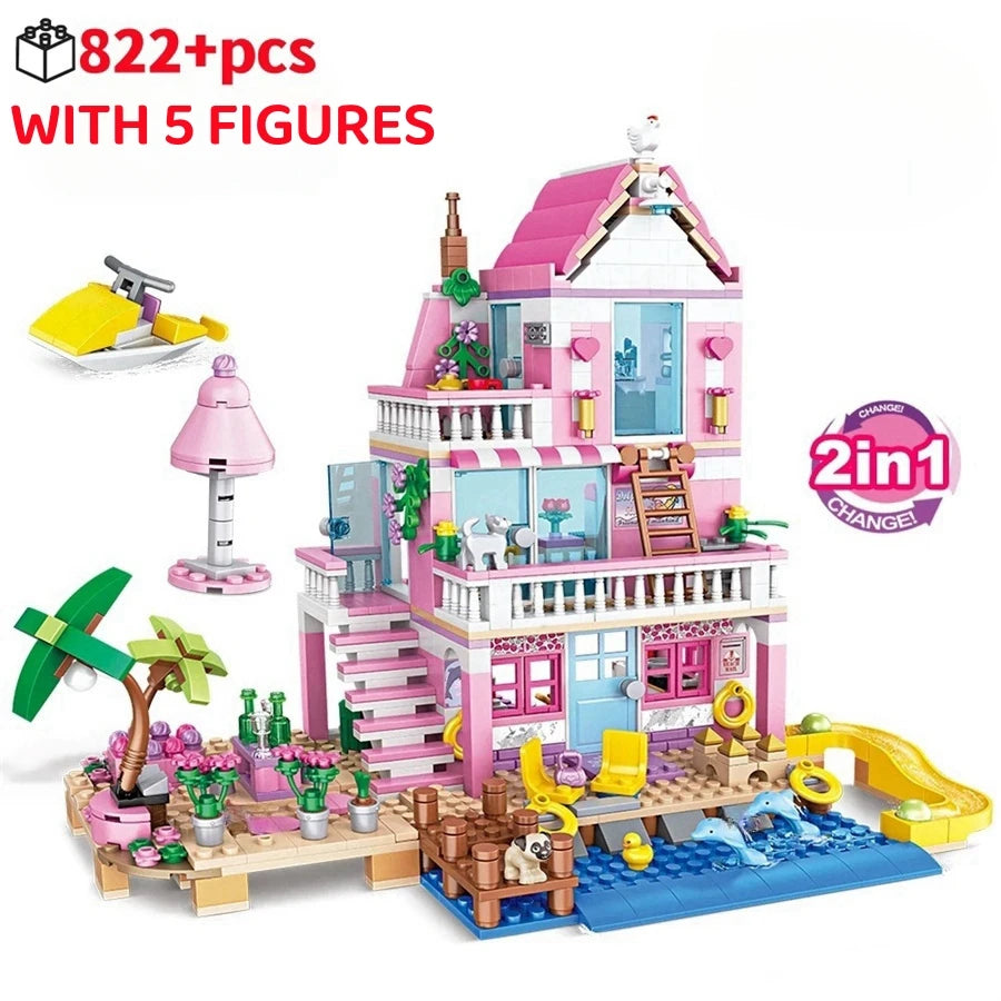 822Pcs Beach Villa Building Blocks Transformable House Model Creative Building Educational STEM Toys Birthday Gift For Girls