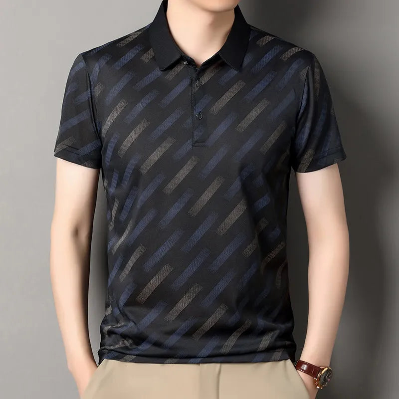 Men's Fashion Polo Shirt Short Sleeve Lapel Collar Diagonal Striped Print Casual Business Golf Tops