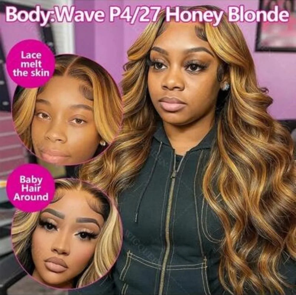 13x4 HD Highlight Body Wave Lace Front Wigs Human Hair For Women Glueless Pre Plucked 4/27 Colored 200% Density With Baby Hair