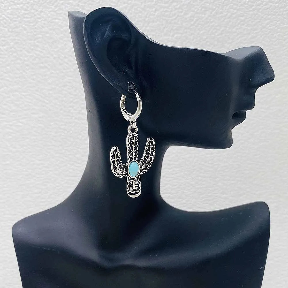 Western Retro  Turquoise Bull Head Earrings Cactus Boots Cowboy Hat Alloy Ethnic Style Earrings Set Jewelry for Women