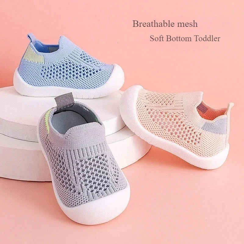 Breathable Knit Mesh Walking Shoes for Kids Spring Summer Soft Sole Anti-Collision Unisex Pastel Casual Sneakers Toddlers 1-3Y