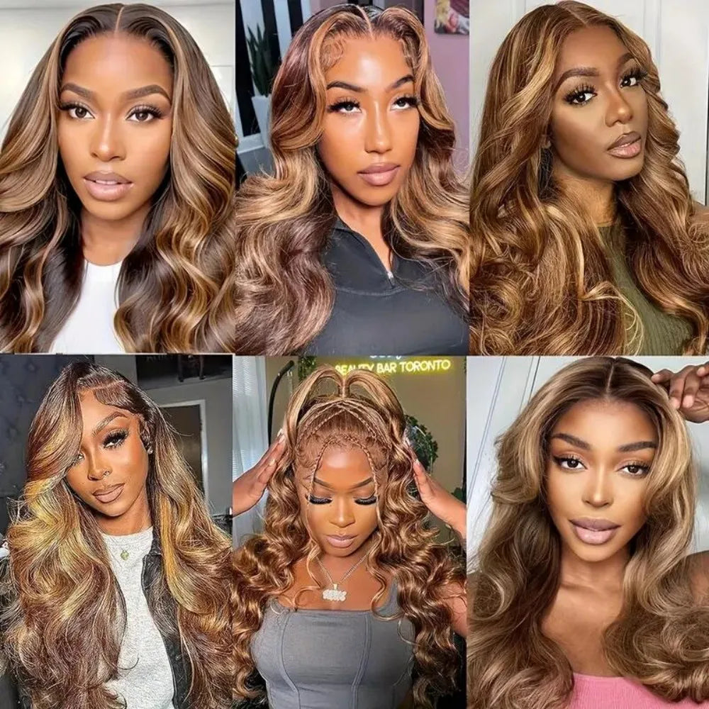 13x4 HD Highlight Body Wave Lace Front Wigs Human Hair For Women Glueless Pre Plucked 4/27 Colored 200% Density With Baby Hair