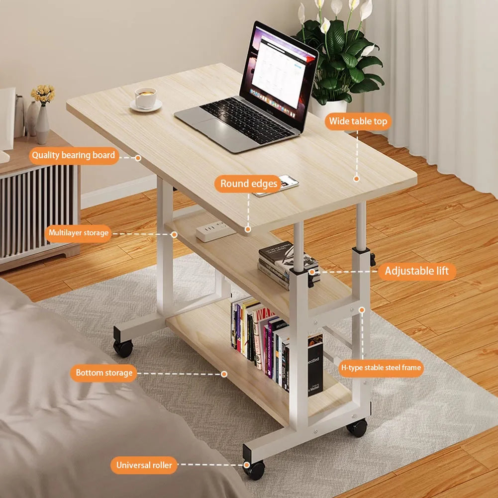 Bedroom Dormitory Movable Bedside Laptop Table Height Adjustable Bedside Table With Wheels Desk Tray Table