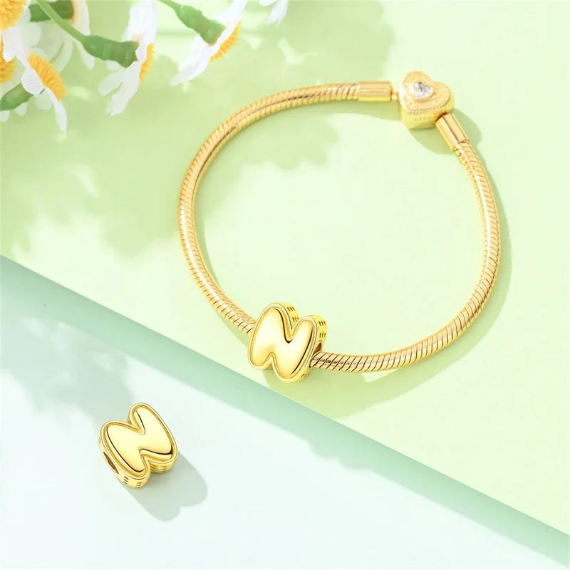 New Hot Sales 925 Sterling Silver 26 Golden Letters Charms Bead Fit Original Bracelet DIY Women Birthday Jewelry Gifts
