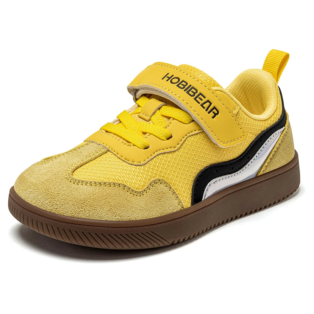 HOBIBEAR Kids Wide Toe Barefoot Shoes Hook Loop Minimalist Sneakers Artificial Leather Mesh Retro Walking Shoes for Big Kid