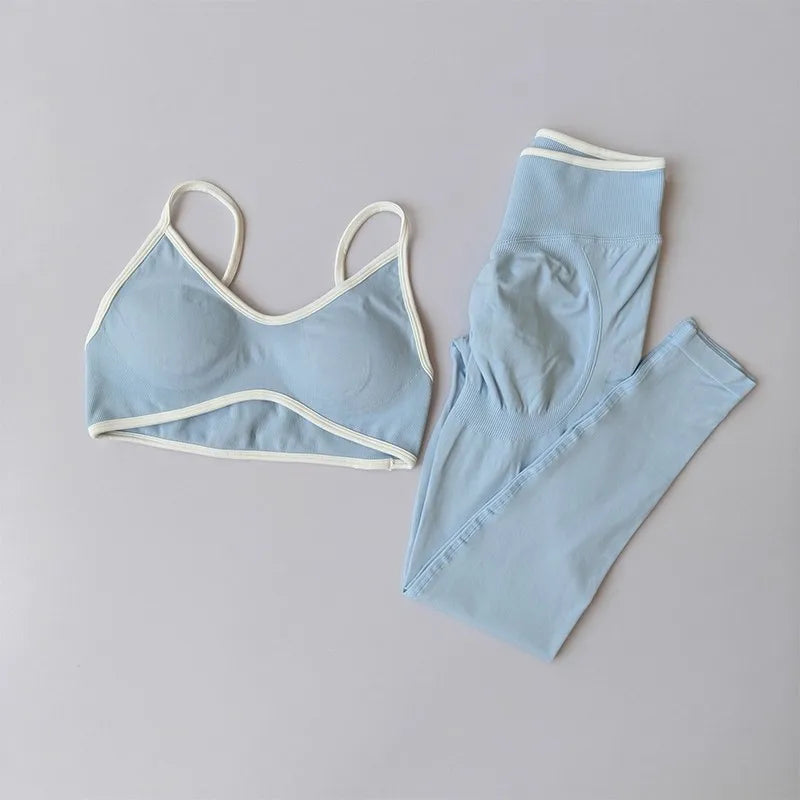 2PCS High Waisted Sports Bra Set with Contrasting Small Suspender Tight Fitting Hip Lifting Training Bra And Pants