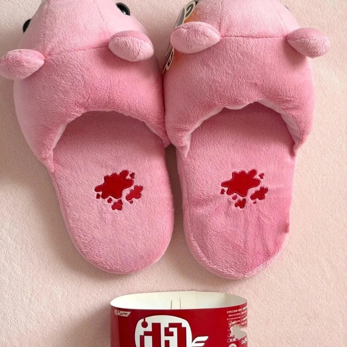 Cute Pink Bear Plush Slippers, 28cm Soft Cartoon Bear Indoor House Slippers