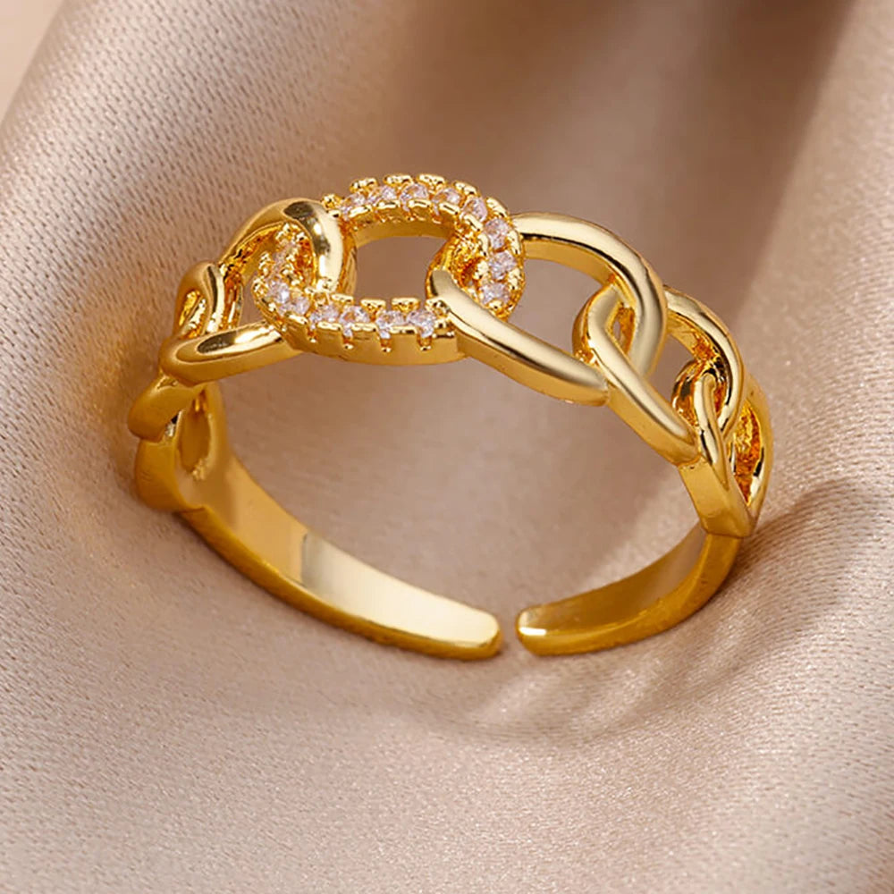 Fashion Chain Hollow Out Rings For Women Gold Color Stainless Steel Zircon Cross Open Ring Trendy Wedding Aesthetic Jewerly Gift