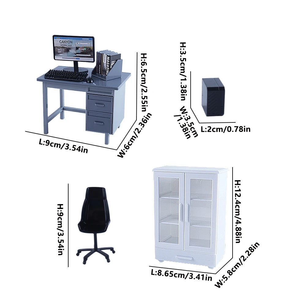 1:12 Dollhouse Miniature Office Furniture Set Simulation Computre Desk Model Bookshelves Doll House Decoration Accessories