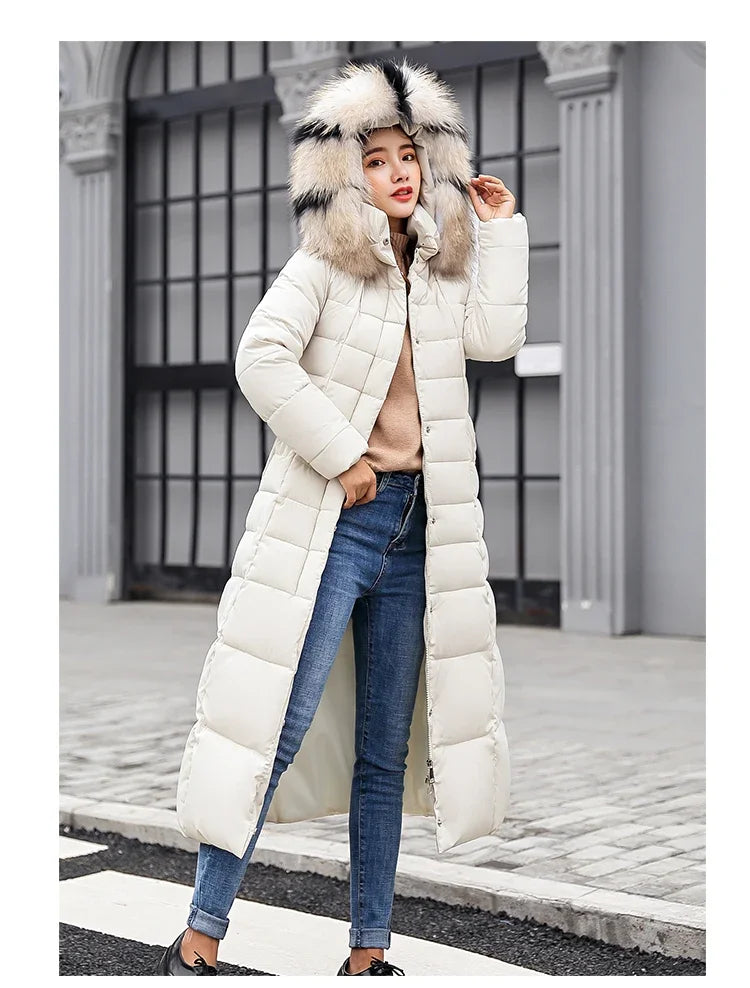 Long Down Cotton Parkas Coat Female New Winter Over Knee Loose Large Fur Collar Hooded Warm Thick Parkas Women  Padded Overcoat