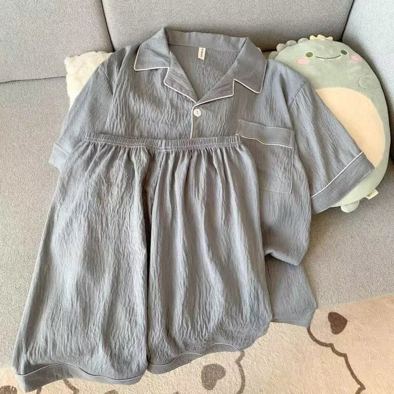 Youth Men's Slim Fit New Pajama Set Solid Color Short Sleeve Lapel Top and Elastic Shorts Pajamas Summer Loungewear Sleepwear