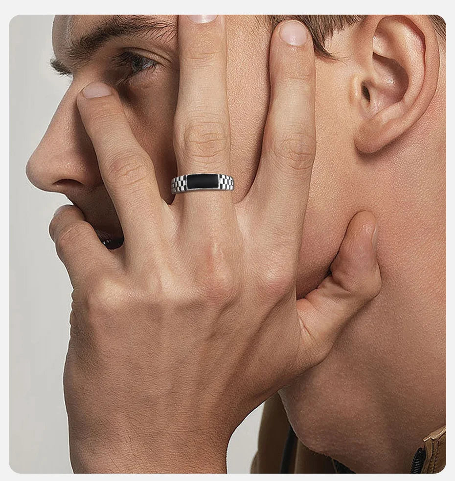 Vnox Mens Open Rings, Black Enamel Signet Ring, Watch Band Grooved Finger Band, Adjustable Jewelry