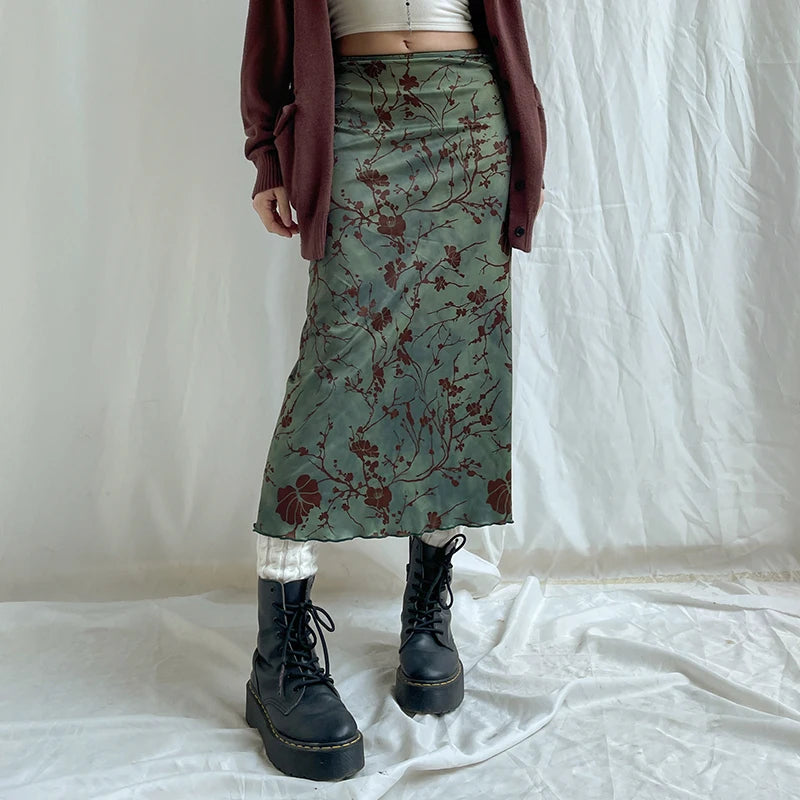 SUCHCUTE y2k Vintage Floral Printing Midi Skirts Women Harajuku Fairycore Green Straight Maxi Skirt Aesthetic Sweet Girl Clothes