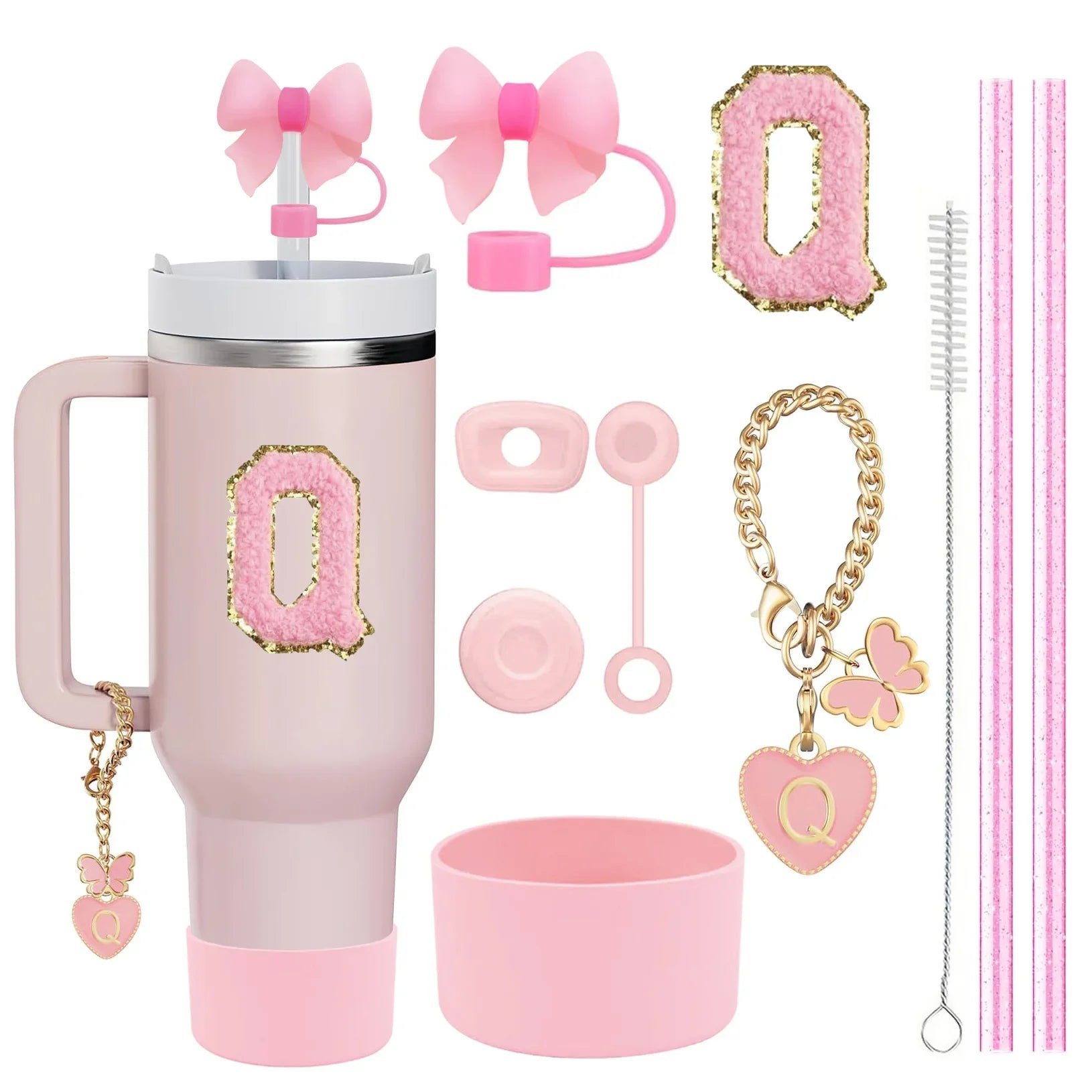 10PCS Accessories Set for Stanley Cup, 2 Straw and Brush and 1 Flower Charm Chain 3 Spill Proof Stopper Flowers Straw Cover Boot
