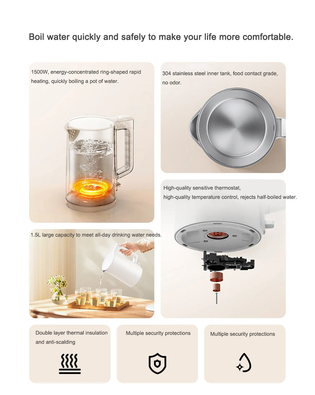Xiaomi Mijia Electric Kettle N1- 220V 1500W Fast Boiling Stainless Water Kettle 1.5L Tea Coffee Pot Smart Anti-dry burn Boiler