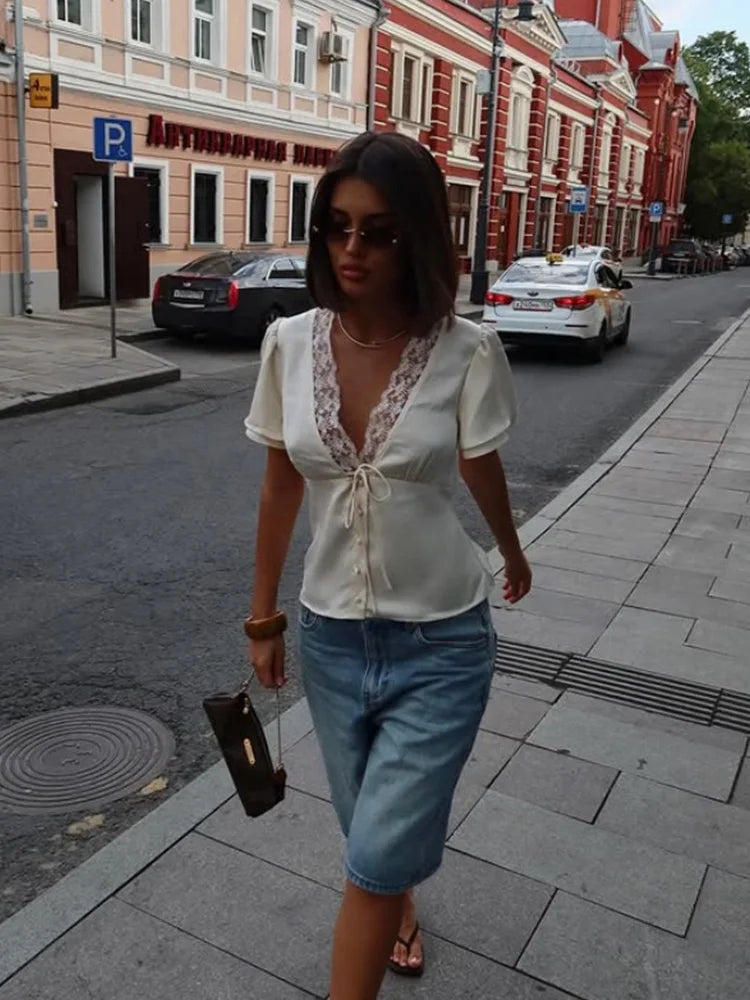 Ahagaga Causal Women Tops Solid Lace -Neck Short Sleeves Satin Slim Button Regular Eelgant Streetwear Tees Female Basic T Shirts