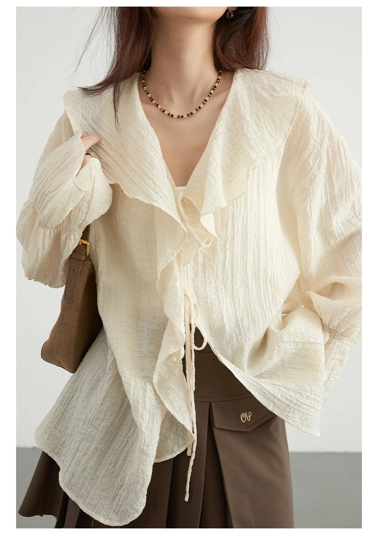 CHIC VEN Women Shirt Loose Casual Ruffled Edges Female Blouses V Neck Lace Up Mid Length Woman Shirts Spring Summer 2026