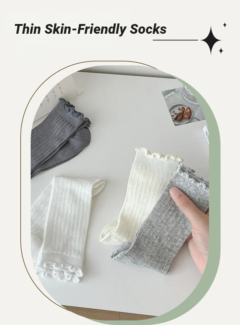 Women Solid Color Mesh Mid Tube Socks Spring Summer Thin Lightweight Breathable Wavy Edge Ballet Style Casual Hollo