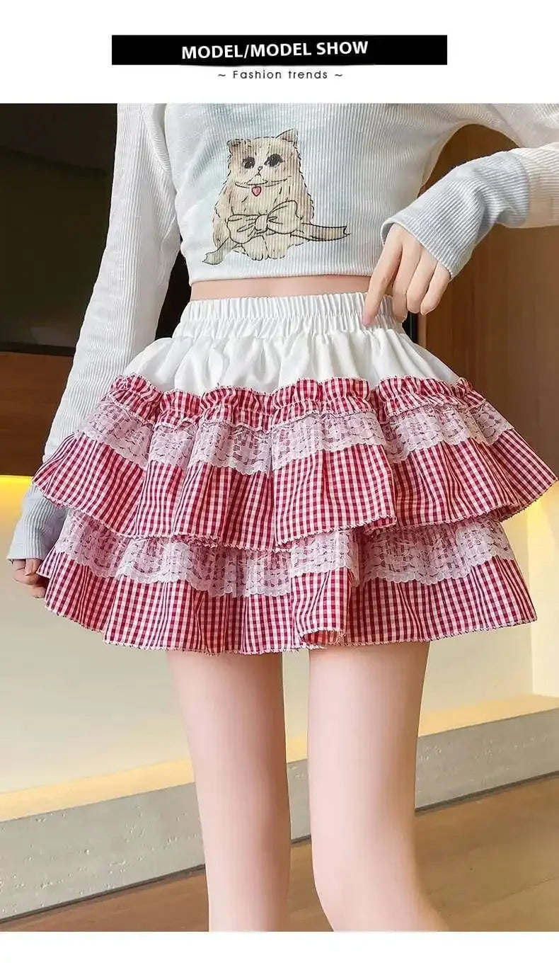 2025 Spring Summer Sweet Cute Lace Patchwork Plaid Cake Short Skirt With Shorts Womem Korean Japan Preppy Style Skirts