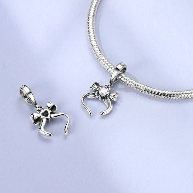 Silver Bow Charms 925 Sterling Silver Pink Heart-shaped Bow Pendants Charms Beads Fit Original S925 Bangle Bracelets DIY Jewelry